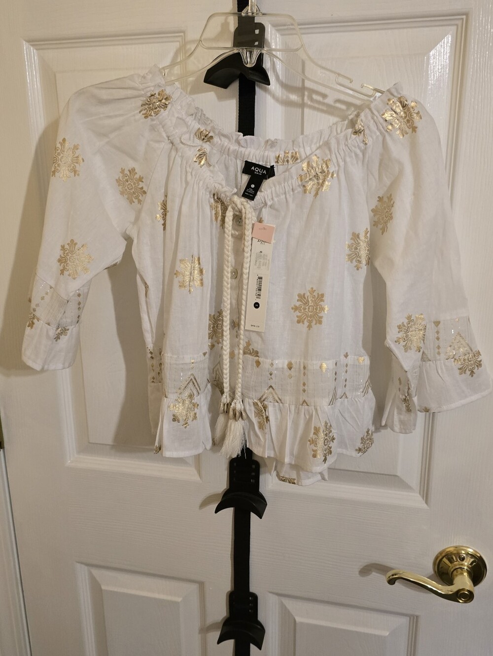 Aqua White Off-Shoulder Tunic with Gold Foil Accents